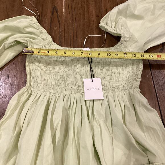 Mable Emory Smocked Ruffle Babydoll cotton mini dress NWT light green olive S - Picture 5 of 10